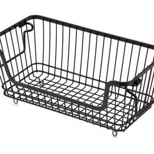 Black Metal Wire Open Front Stackable Storage Basket with Foldable Handles